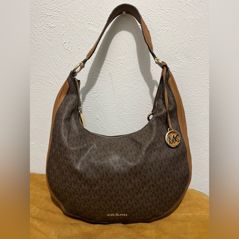 Michael Kors Large Signature MK Logo Purse Hobo Bag Camel and Dark Brown